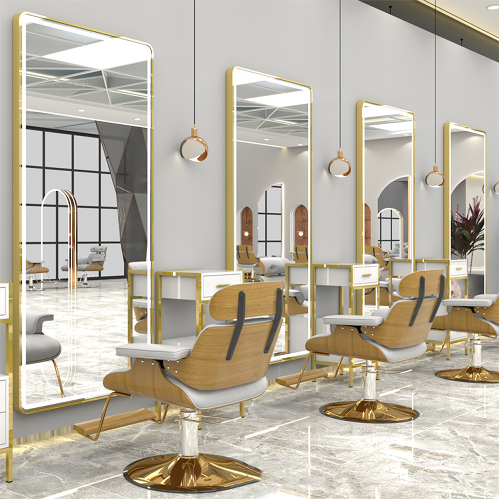 Armário de espelho de lâmpada led de luxo dourado para salão de beleza salão de beleza led espelho de salão de beleza com espelho de estilo de porta para salão de cabeleireiro
