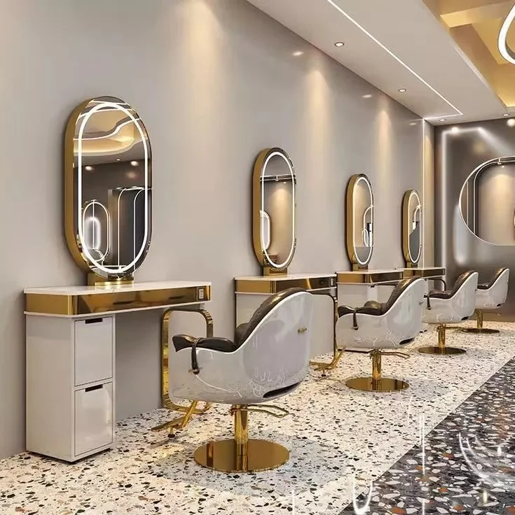 Equipamentos e móveis para salão de beleza Estações de barbeiro Estilo de cabelo com luzes Salon Station Mirror