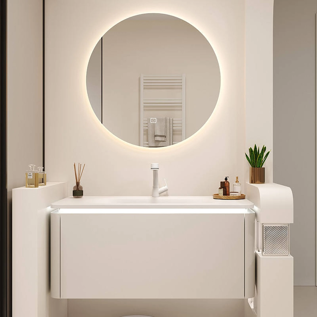 Armário de banheiro flutuante de luxo montado na parede, penteadeira de banheiro de hotel moderno, em mármore, com pia individual