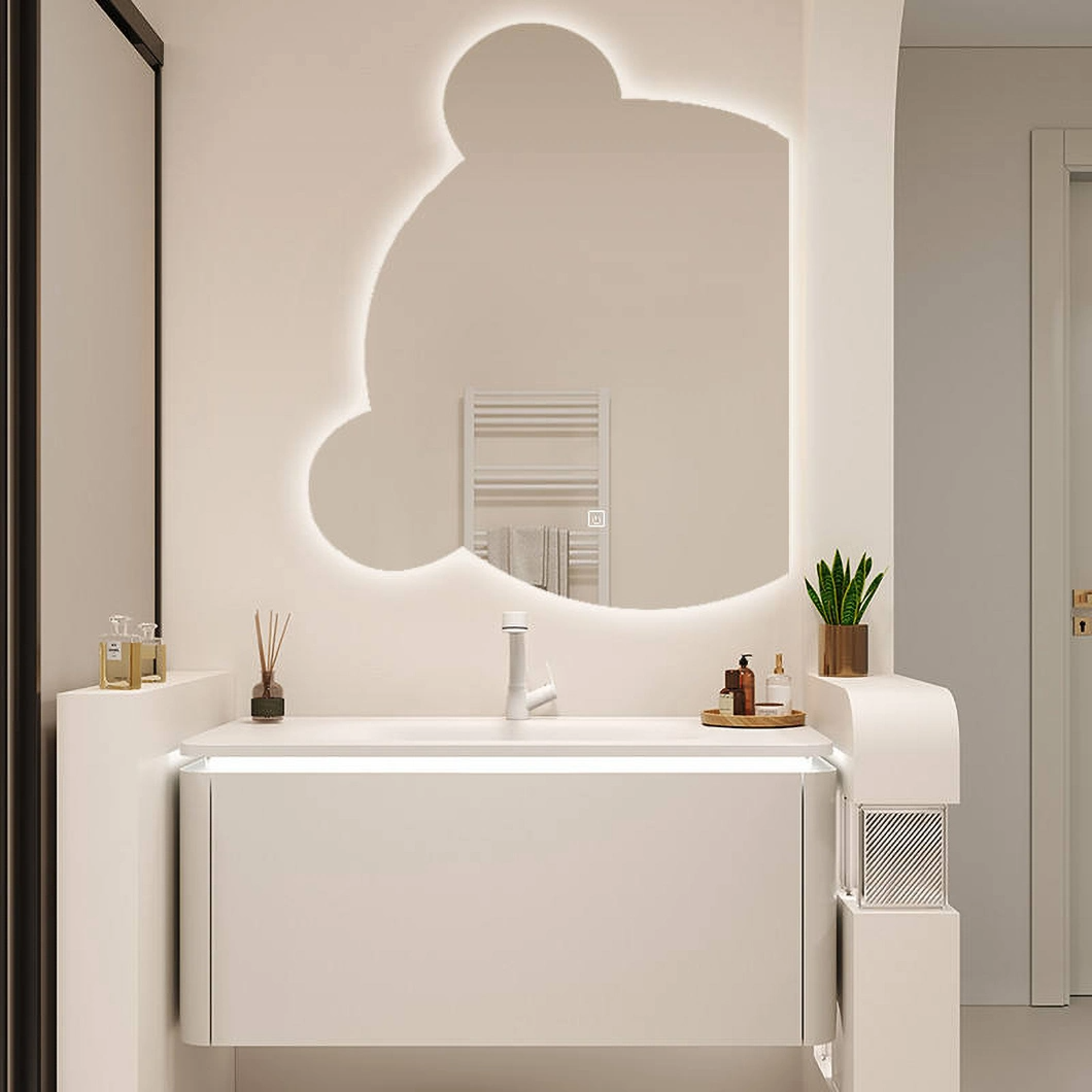 Armário de banheiro flutuante de luxo montado na parede, penteadeira de banheiro de hotel moderno, em mármore, com pia individual