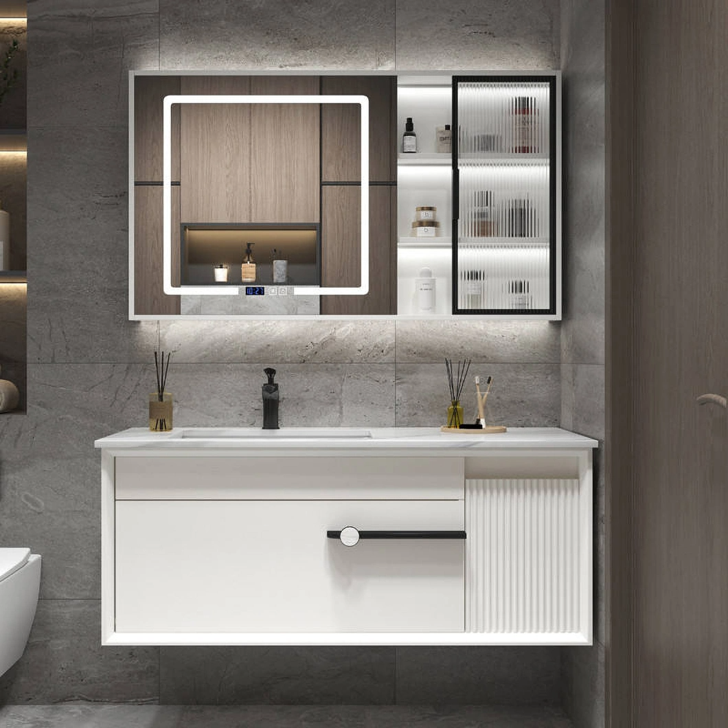 Conjunto de penteadeira de luxo moderno com armário de banheiro de madeira folhosa preta brilhante com espelho de LED