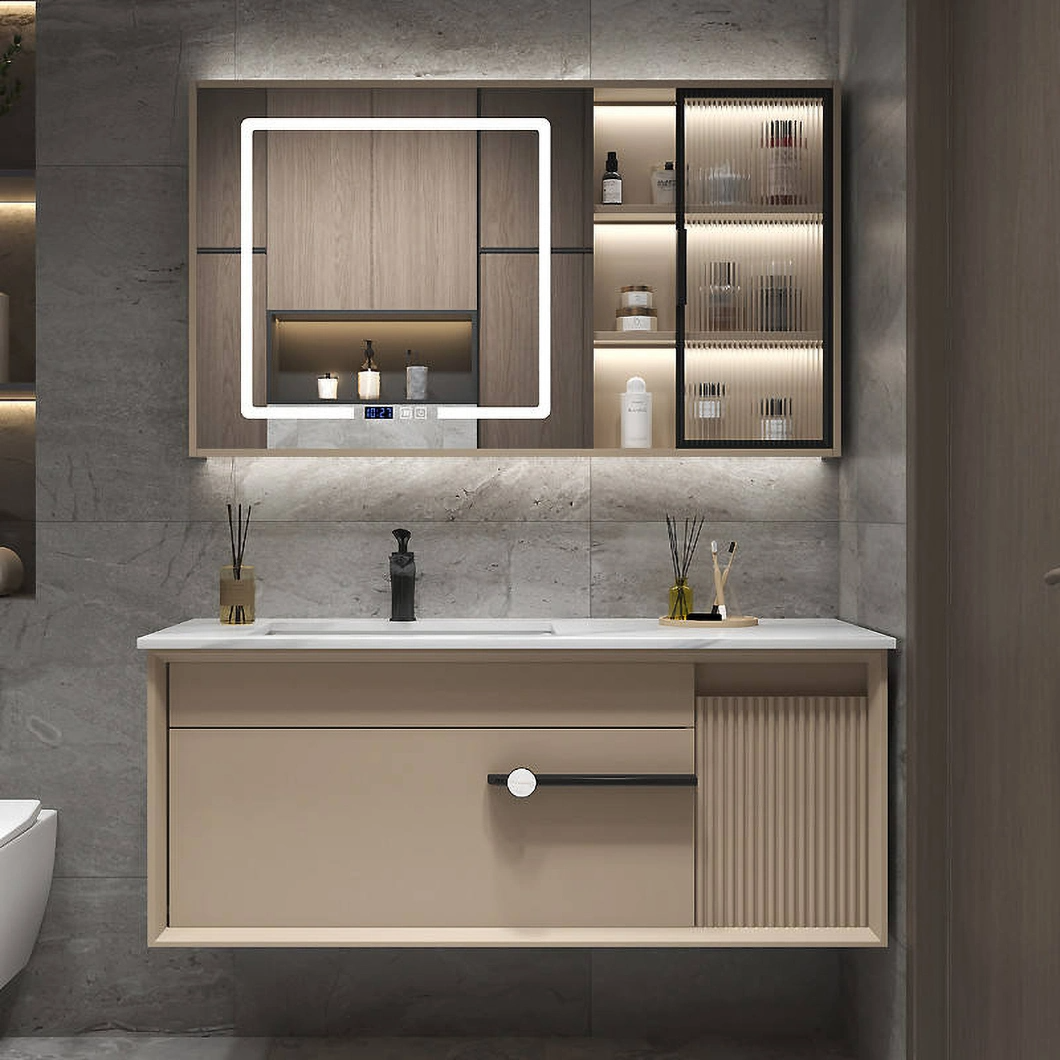 Conjunto de penteadeira de luxo moderno com armário de banheiro de madeira folhosa preta brilhante com espelho de LED