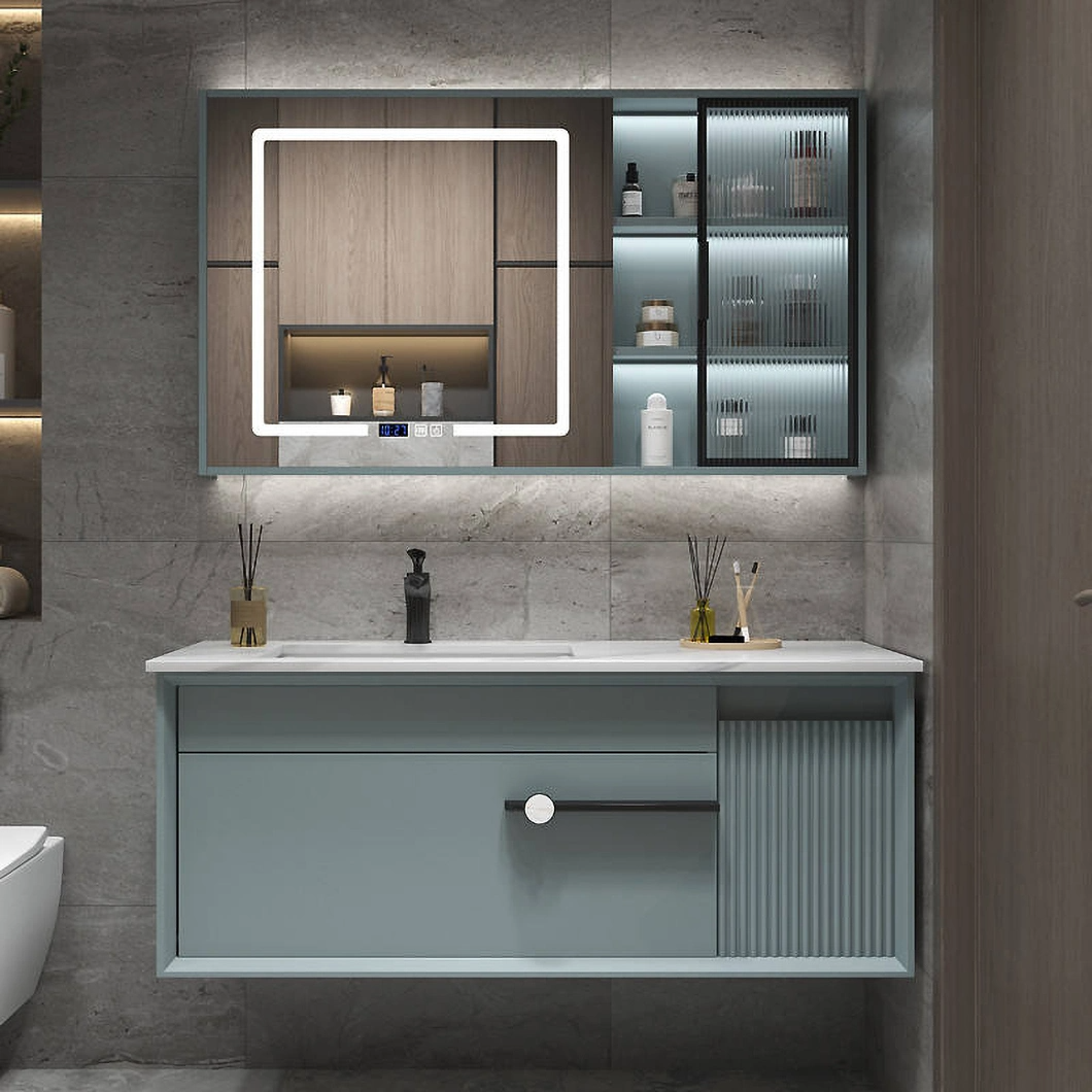 Conjunto de penteadeira de luxo moderno com armário de banheiro de madeira folhosa preta brilhante com espelho de LED
