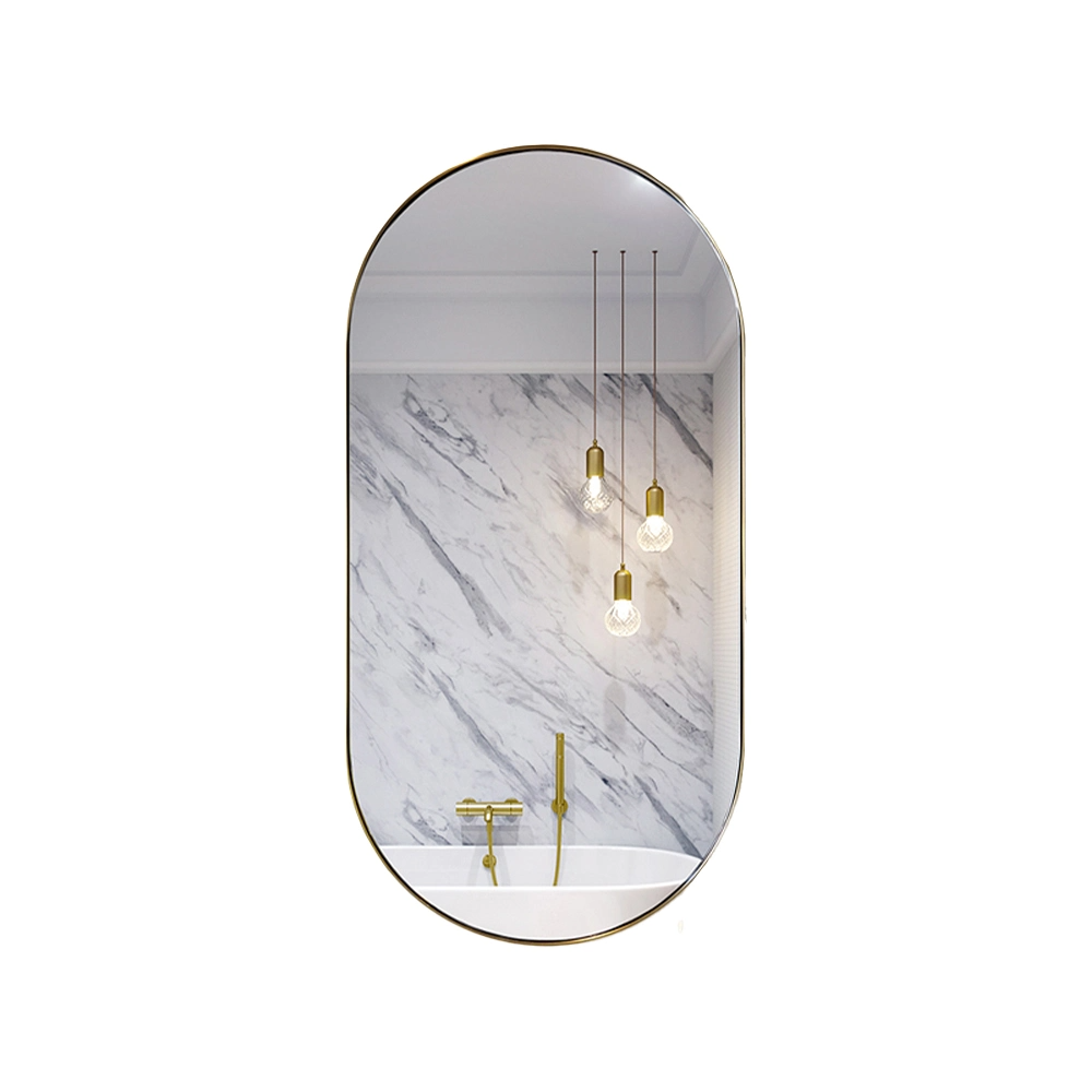 Espelho de parede oval de alumínio dourado com moldura de metal para decoração de casa moderna interior de luxo para espelho de banheiro