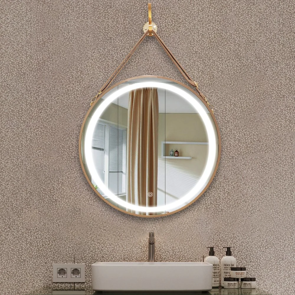 Espelhos de suspensão de couro de armação de metal para decoração de parede redonda para casa, hotel, luz de LED, espelho de banheiro, espelho de parede com alça de couro