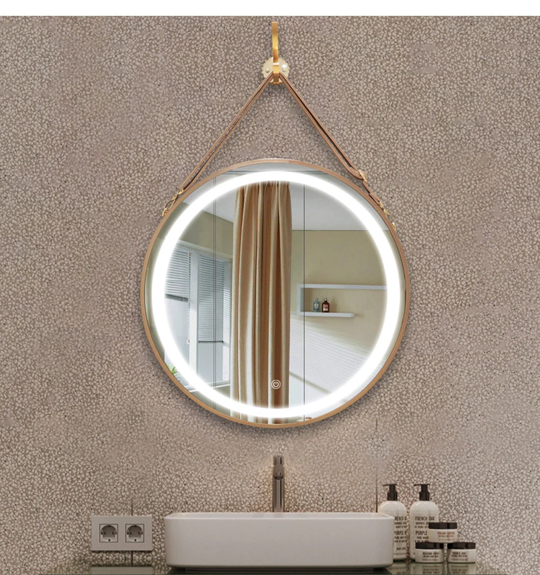 Espelho redondo de led para banheiro de parede com cinto de couro, espelho inteligente, espelho de parede para decoração de casa, espelho de maquiagem bluetooth, acessórios para banheiro, móveis de salão