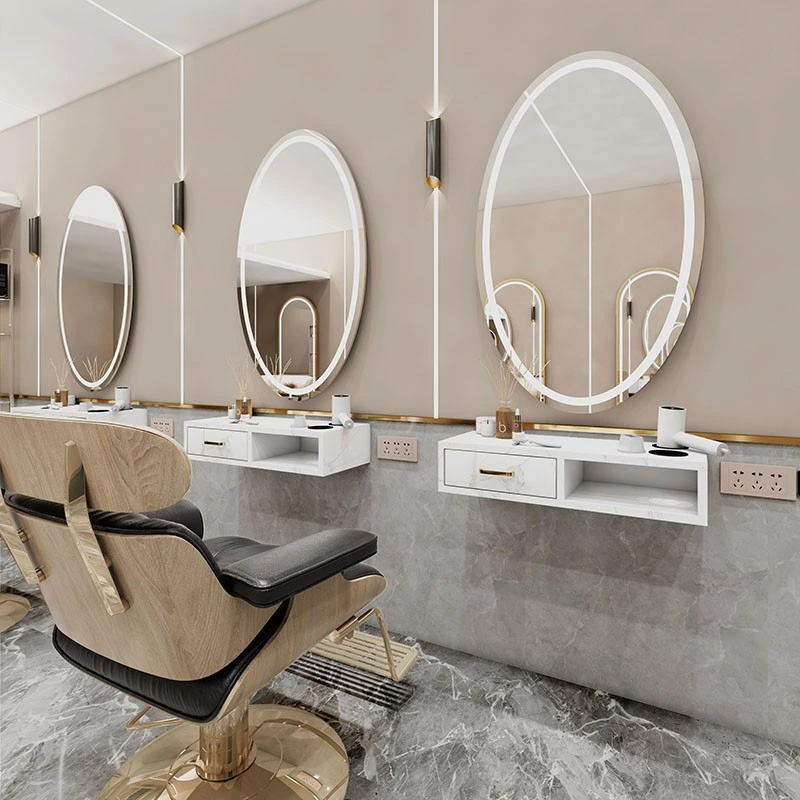 Salão de beleza espelho simples frente e verso de barbearia com armário e mesa