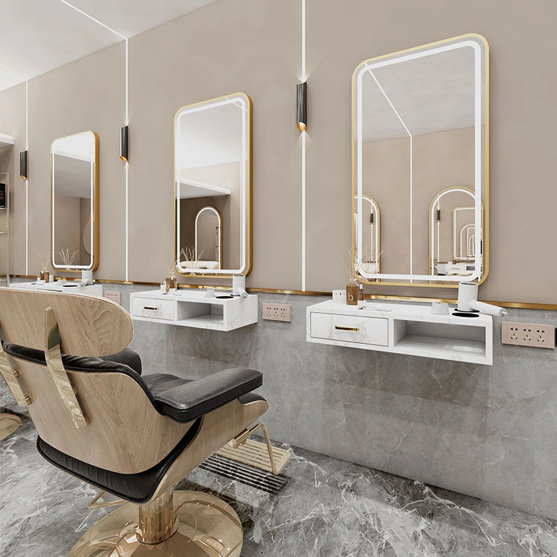 Salão de beleza espelho simples frente e verso de barbearia com armário e mesa