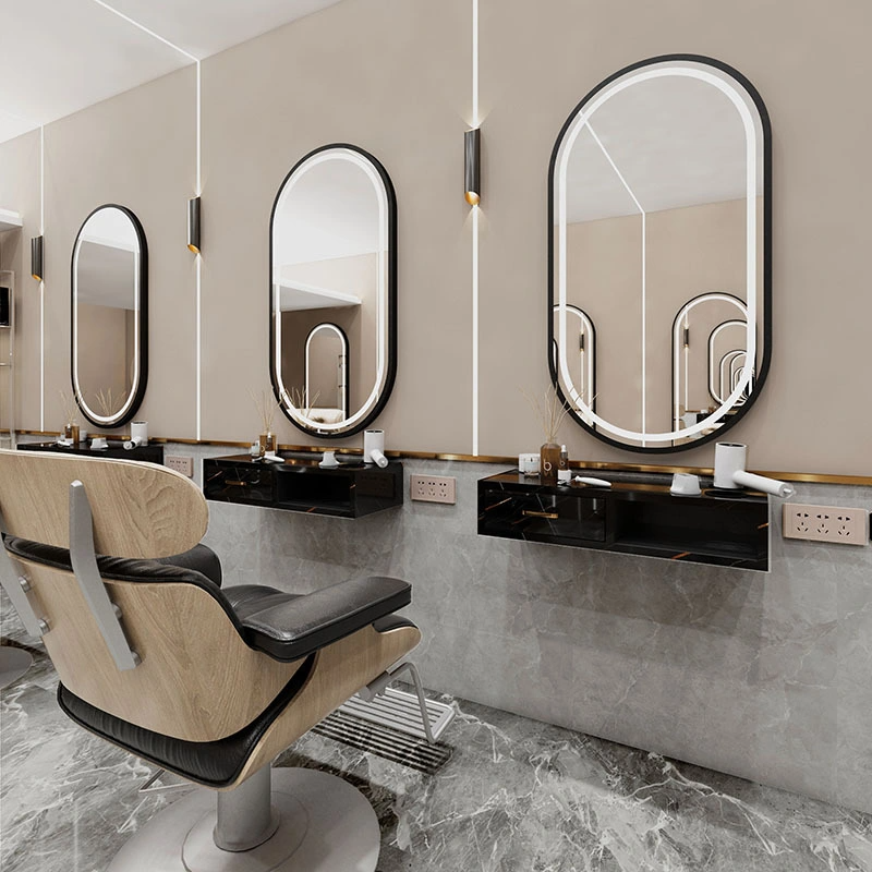 Salão de beleza espelho simples frente e verso de barbearia com armário e mesa