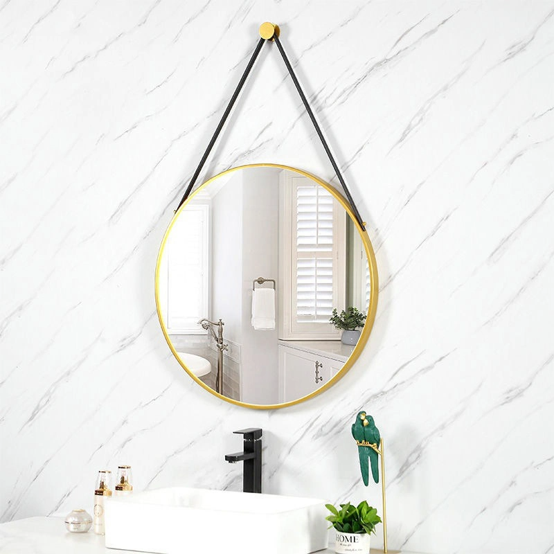 Espelhos de parede estilo moderno com cinto em PU para decoração de casa Espelho suspenso redondo Espelho de parede decorativo