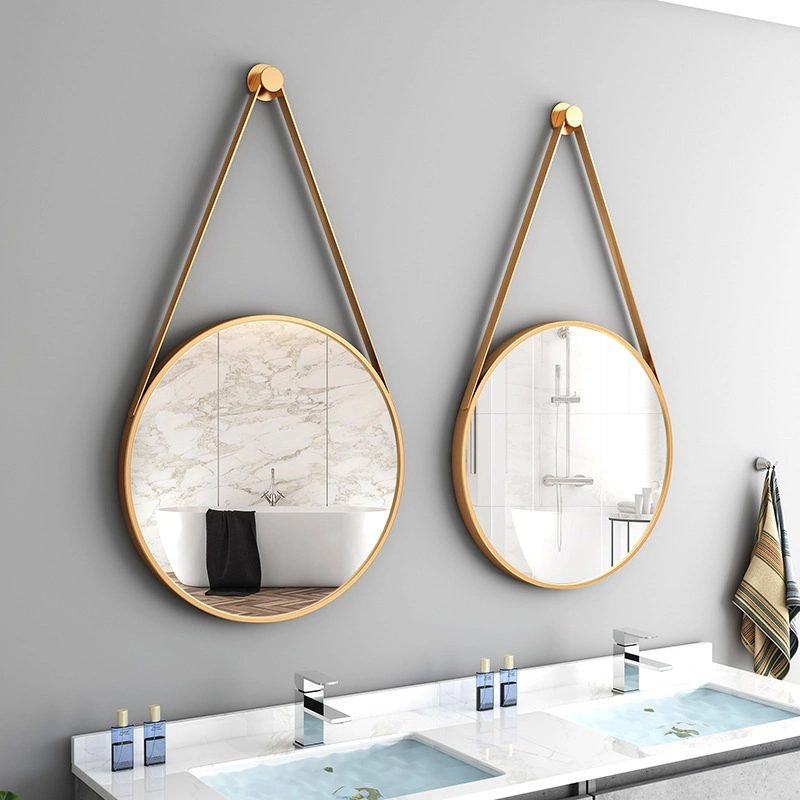 Espelhos de parede estilo moderno com cinto em PU para decoração de casa Espelho suspenso redondo Espelho de parede decorativo