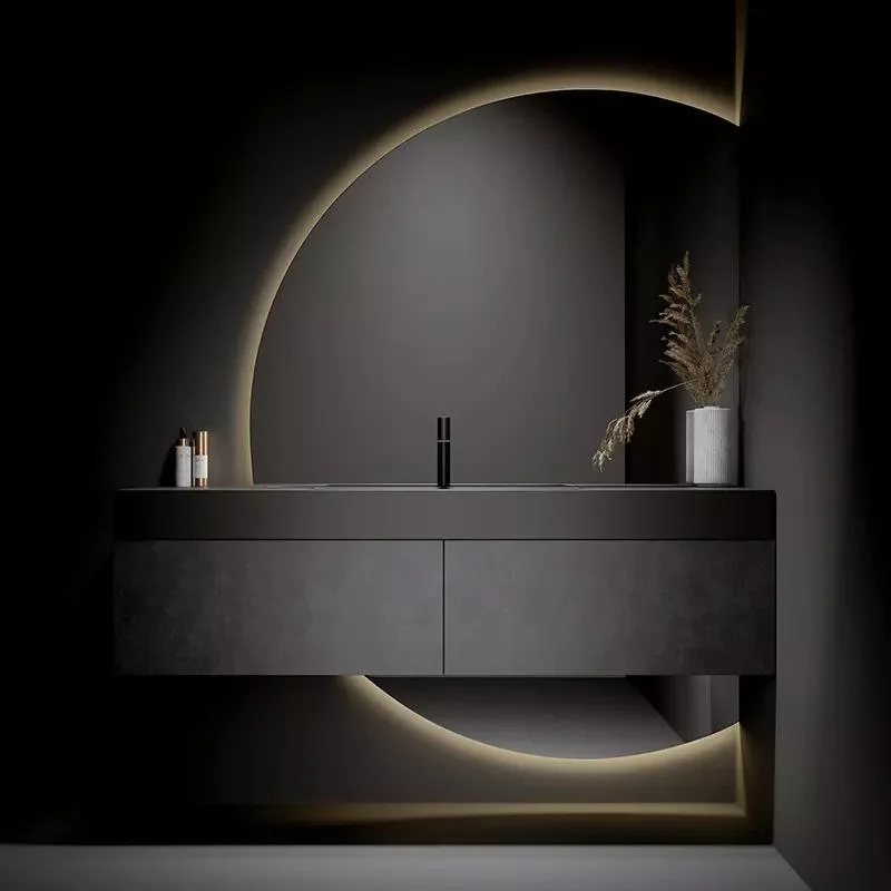 Vaidades de banheiro modernas grandes móveis de casa montados na parede quarto luz de fundo maquiagem inteligente salão meia lua espelho LED RGB