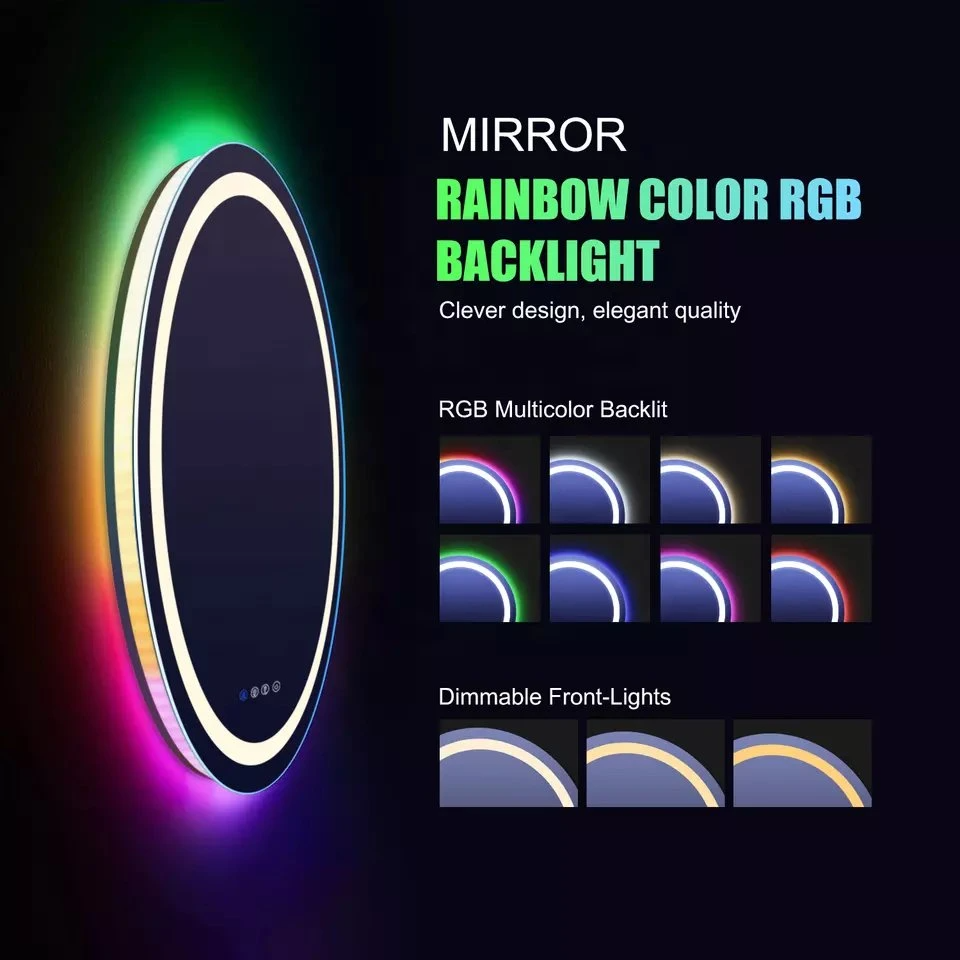 Vaidades de banheiro modernas grandes móveis de casa montados na parede quarto luz de fundo maquiagem inteligente salão meia lua espelho LED RGB