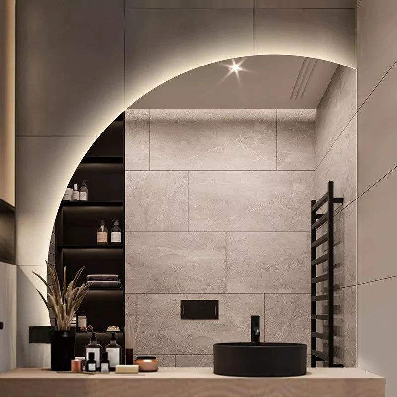 Vaidades de banheiro modernas grandes móveis de casa montados na parede quarto luz de fundo maquiagem inteligente salão meia lua espelho LED RGB